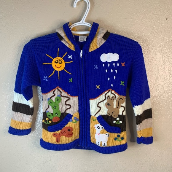 Peruvian Wool Handmade Applique Embroidered Animal Scene Zip Up Sweater Size 6 - Picture 1 of 7
